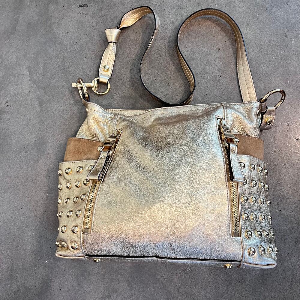 BMakowsky Gold metallic Genuine Leather studded shoudler bag womens Purse Y2K